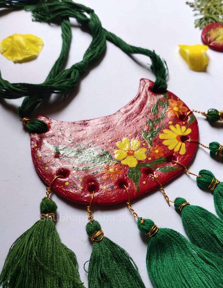 Flower Printed Clay Necklace with Earrings set