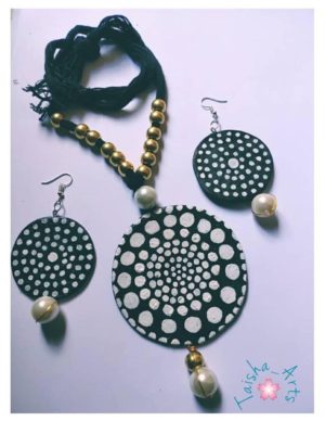 White Dotted Chitra Hand-Painted Clay Necklace and Earrings