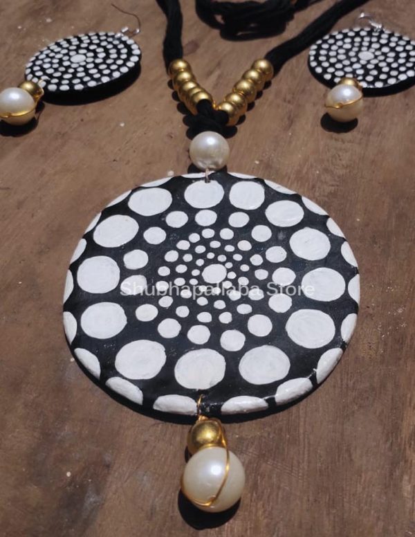 White Dotted Chitra Hand-Painted Clay Necklace and Earrings